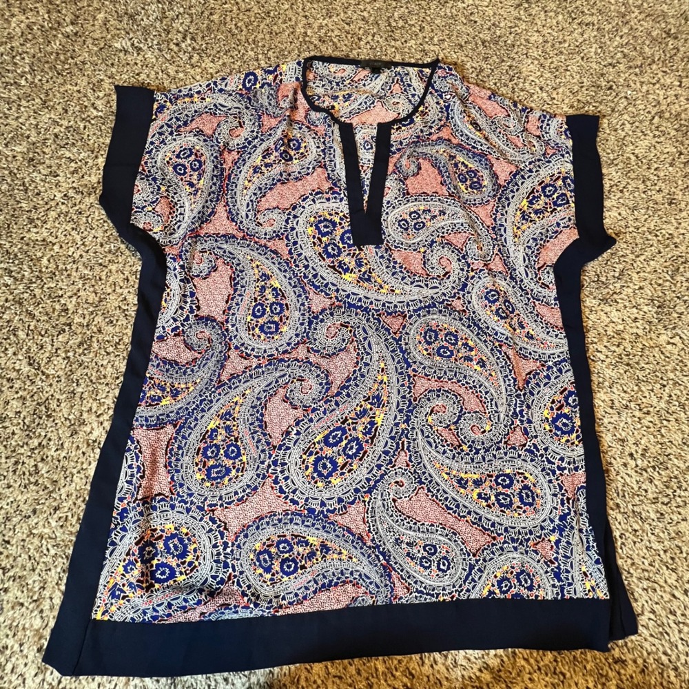 J.Crew Womens Paisley Split Neck Blouse Navy Blue Pink Short Sleeve Top Medium